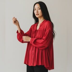 YFB Young Broke & Fabulous Flowy Silky Fuschia Pink Button Front Tie Blouse